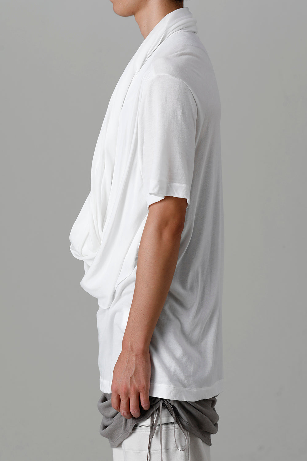 Cotton/Cupro Jersey Drape Neck Short Sleeve T-Shirt Off White