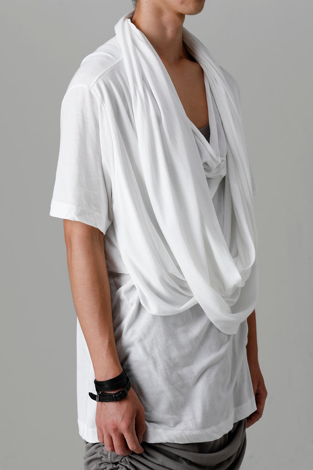 Cotton/Cupro Jersey Drape Neck Short Sleeve T-Shirt Off White