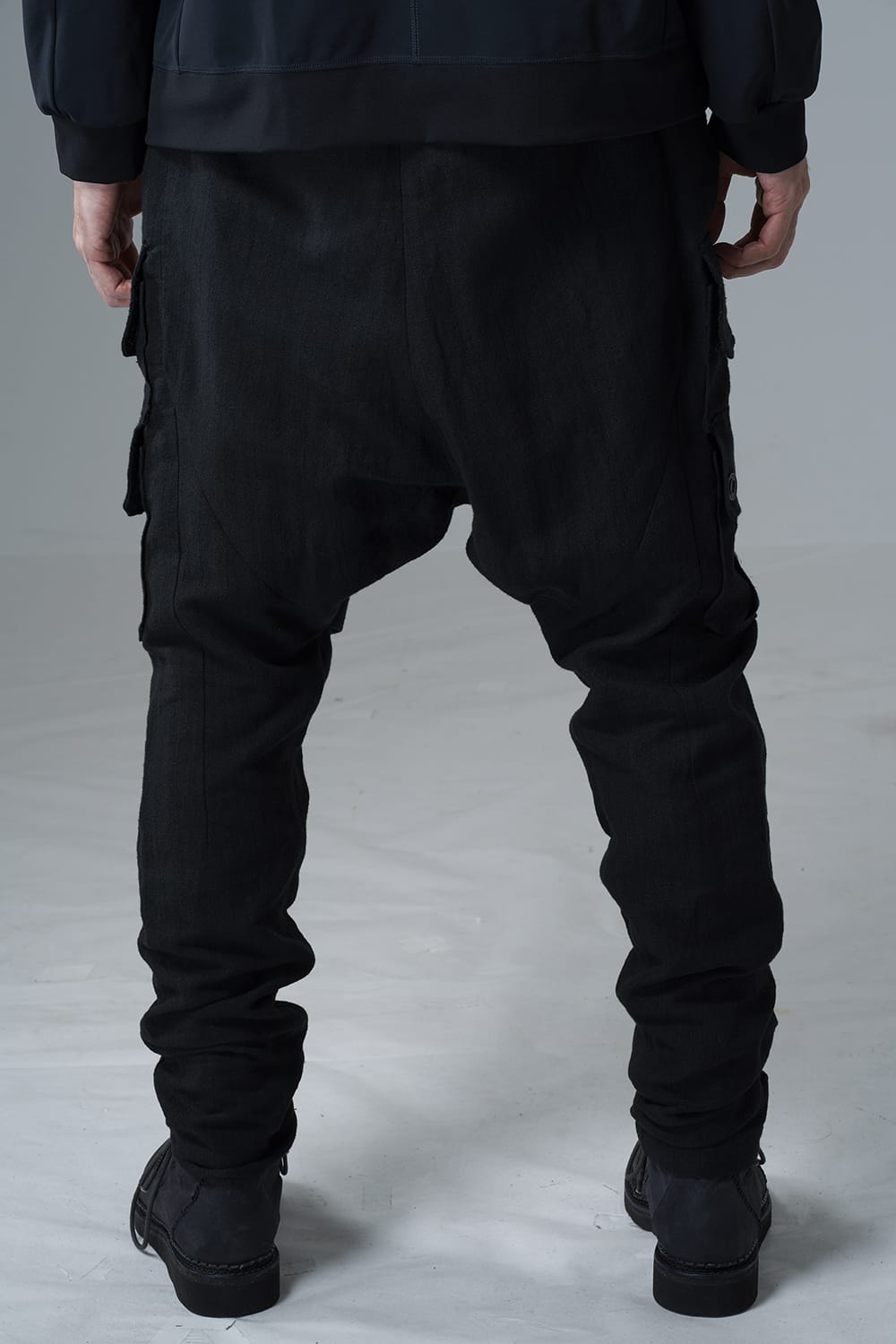 Cargo drop crotch pants cotton ramie shrink