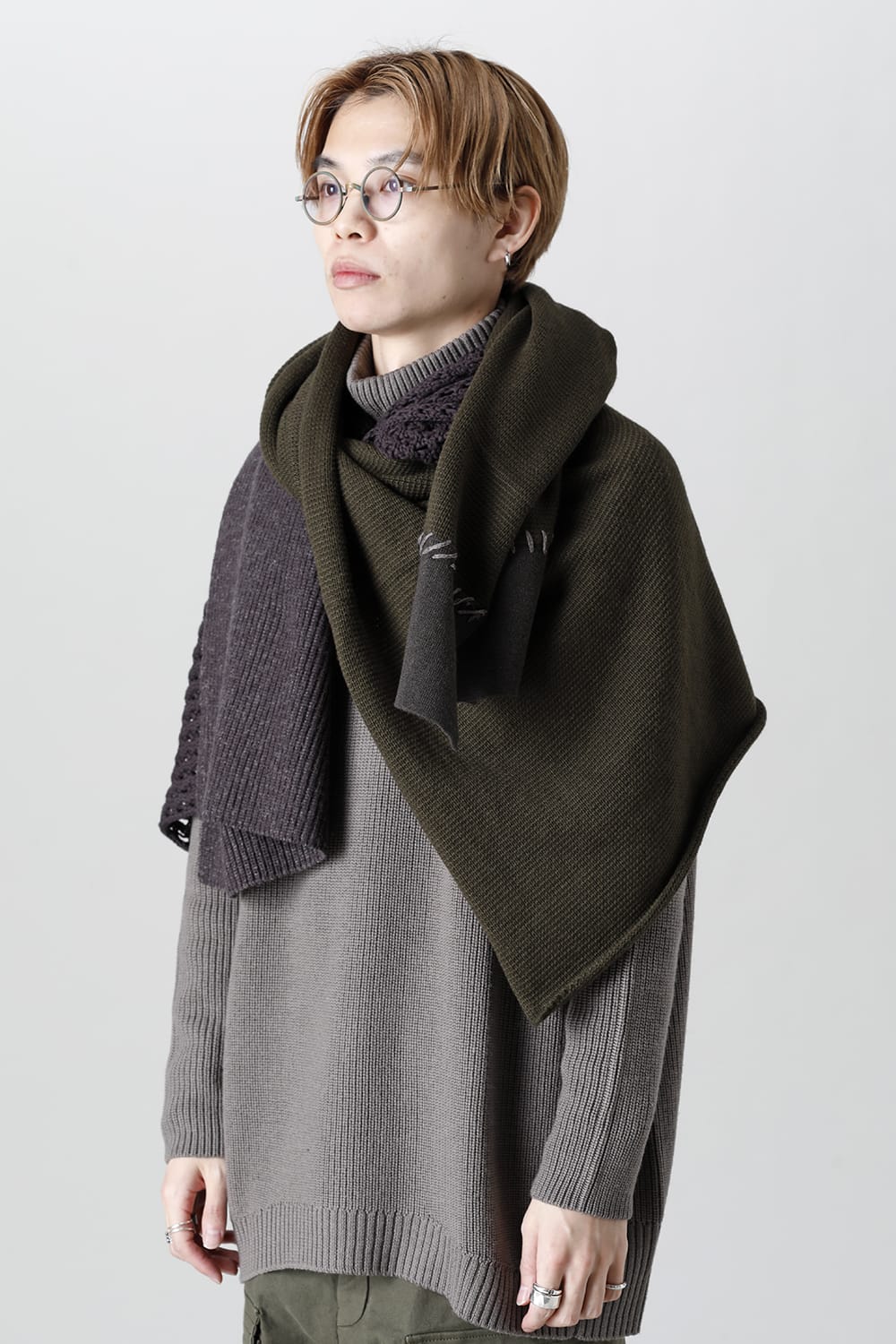 Patchwork stole Merino wool / Cotton Olive Mix