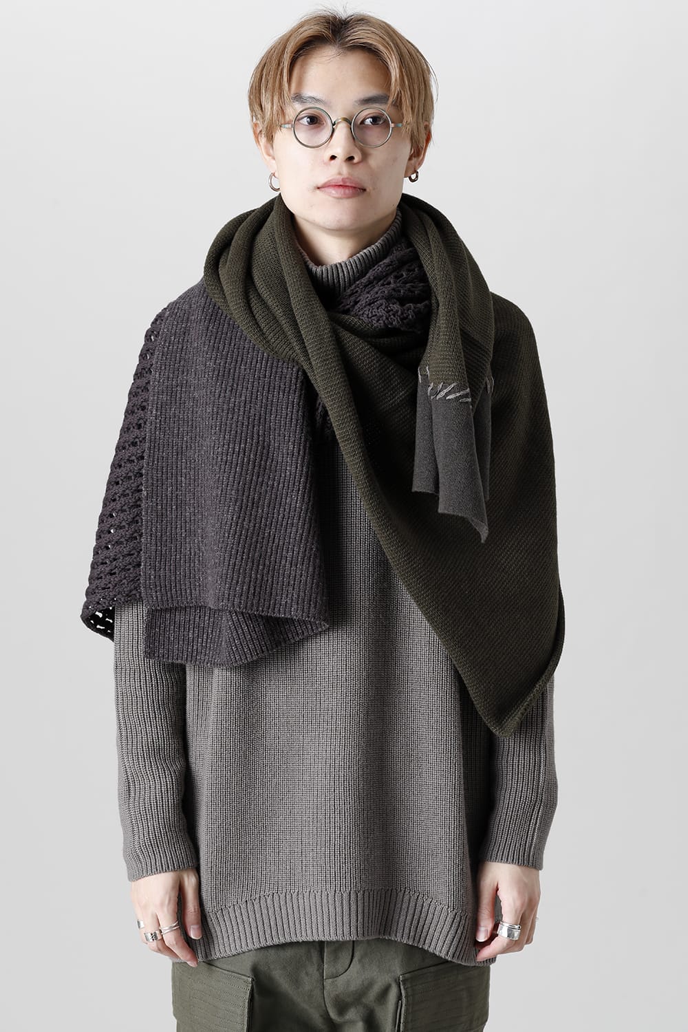 Patchwork stole Merino wool / Cotton Olive Mix