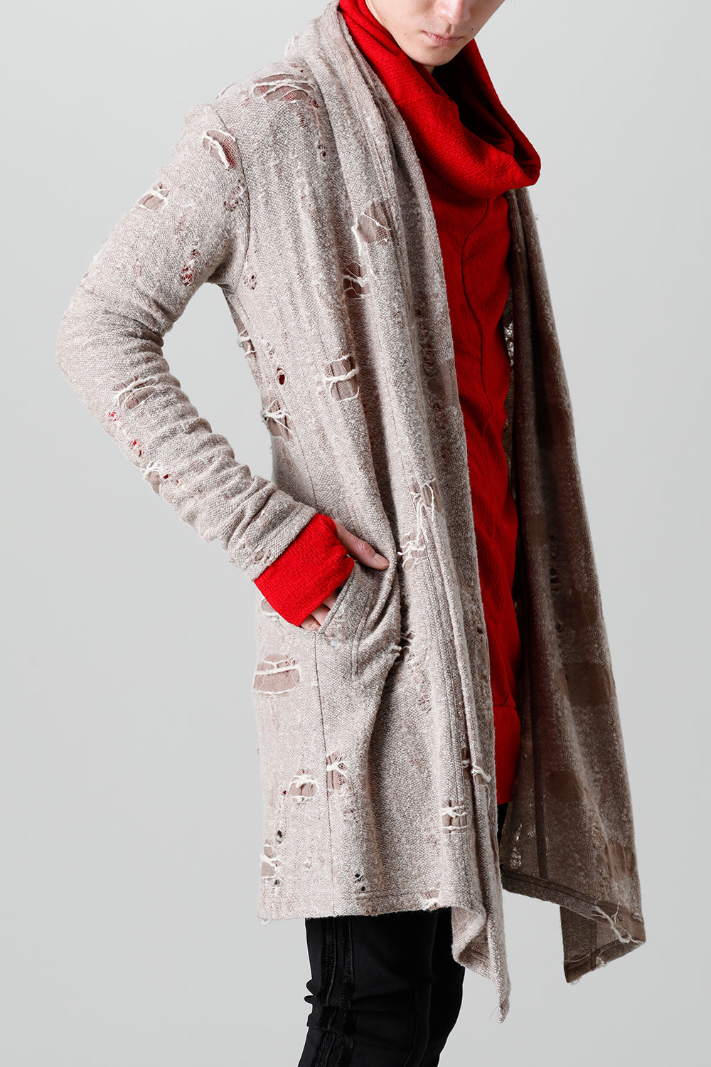 Damage Jersey Shawl Cardigan Beige