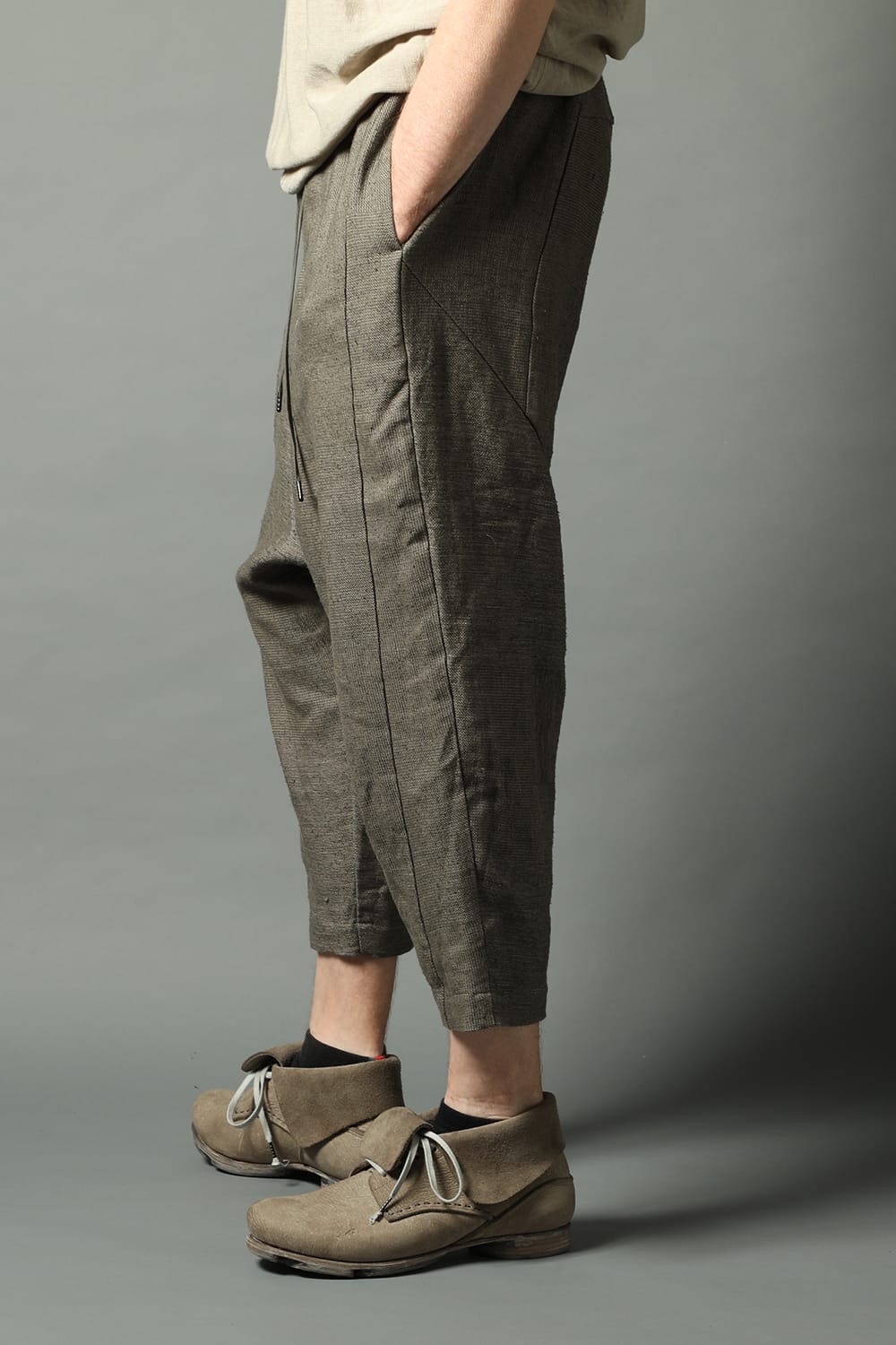 Dropcroch cropped pants silk linen crazy check  Beige Gray