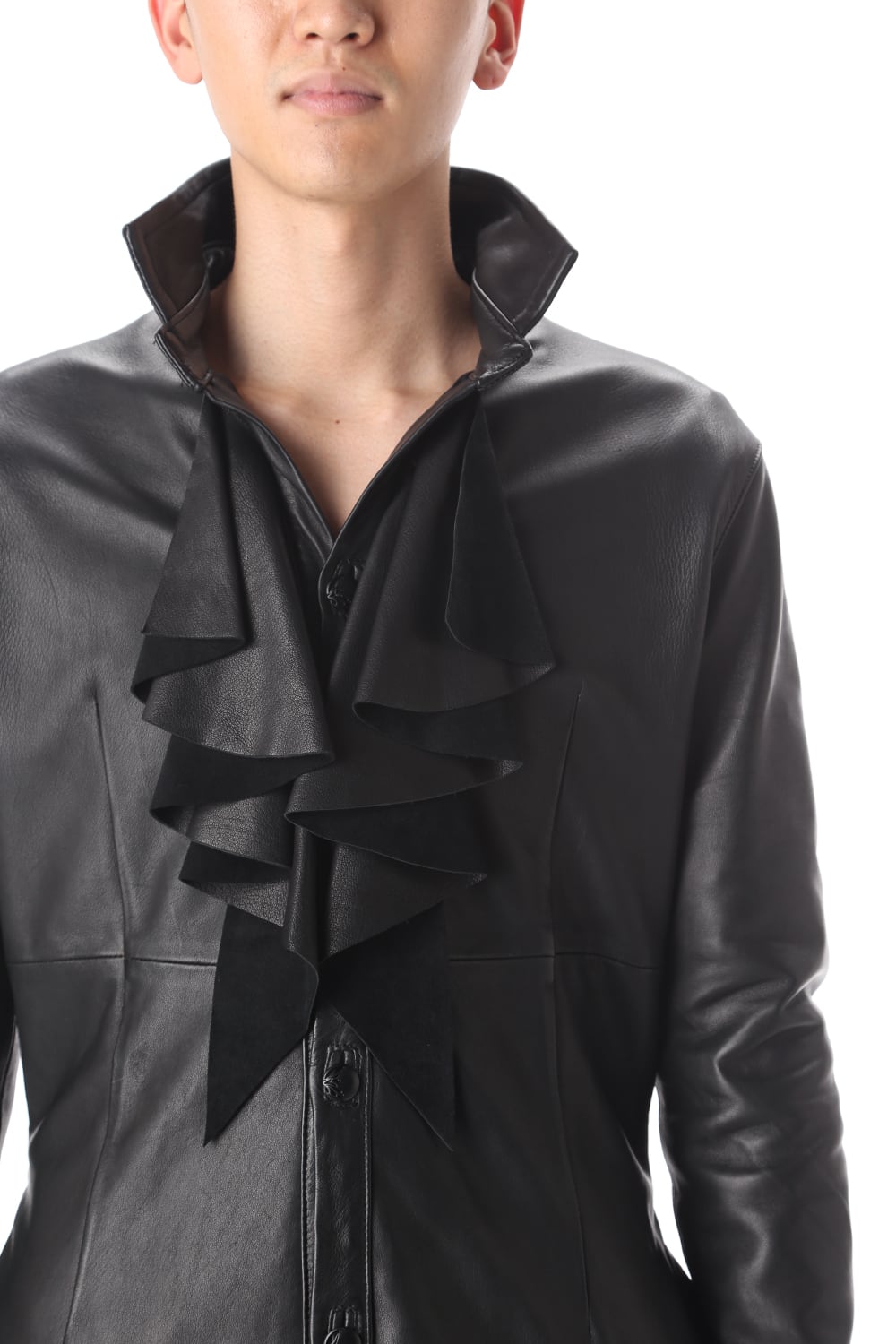 Frill Leather Long Shirts Black