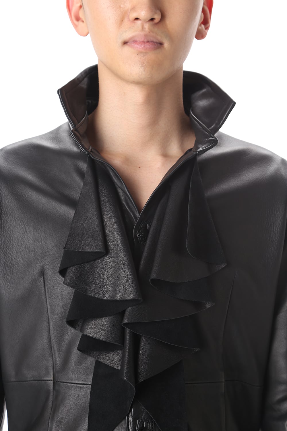 Frill Leather Long Shirts Black