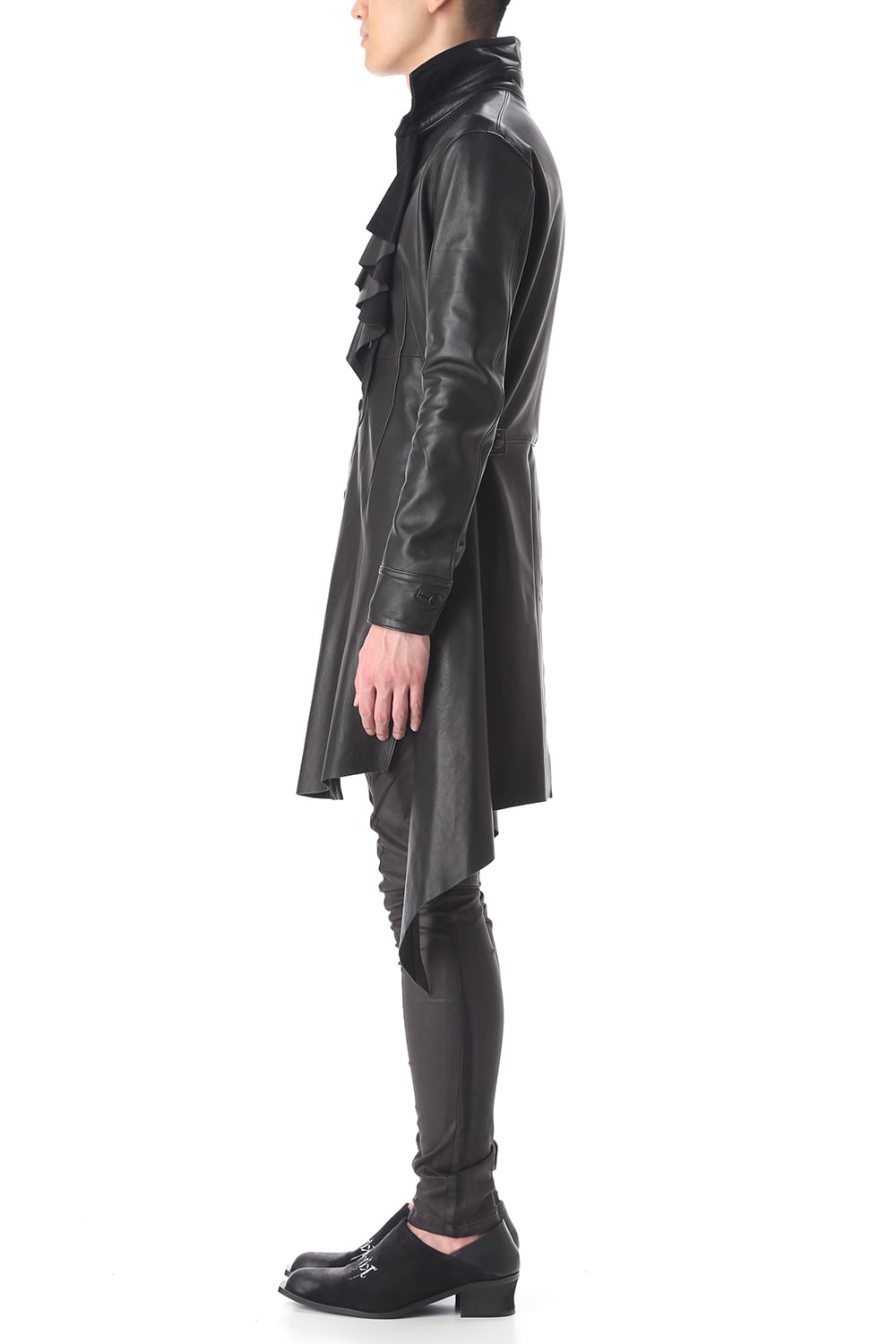 Frill Leather Long Shirts Black