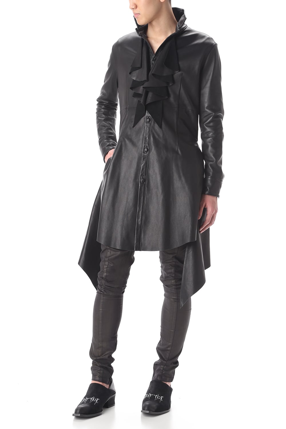Frill Leather Long Shirts Black