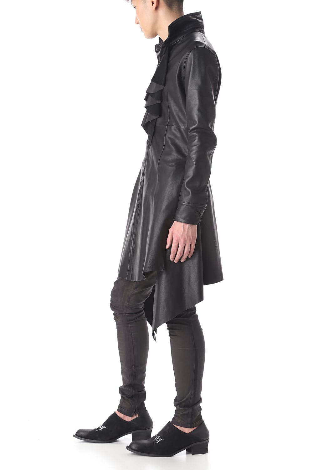 Frill Leather Long Shirts Black