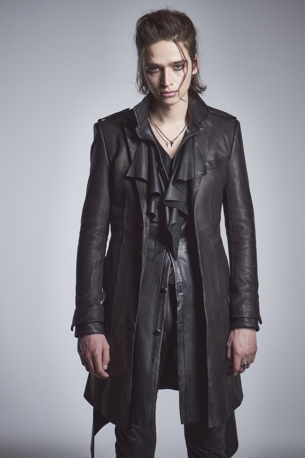 Frill Leather Long Shirts Black