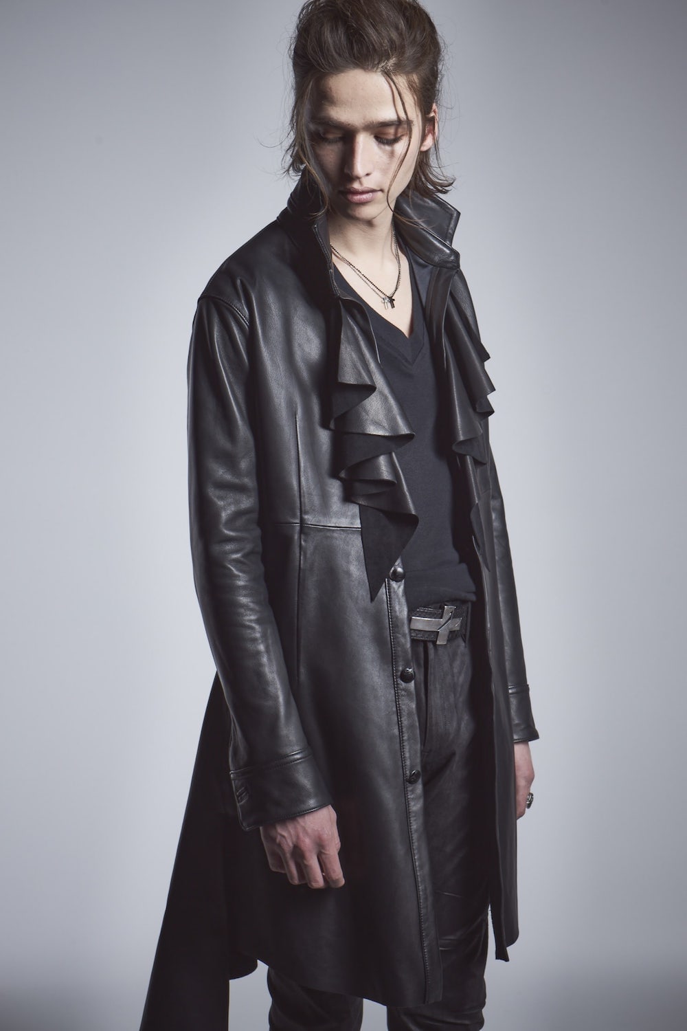 Frill Leather Long Shirts Black