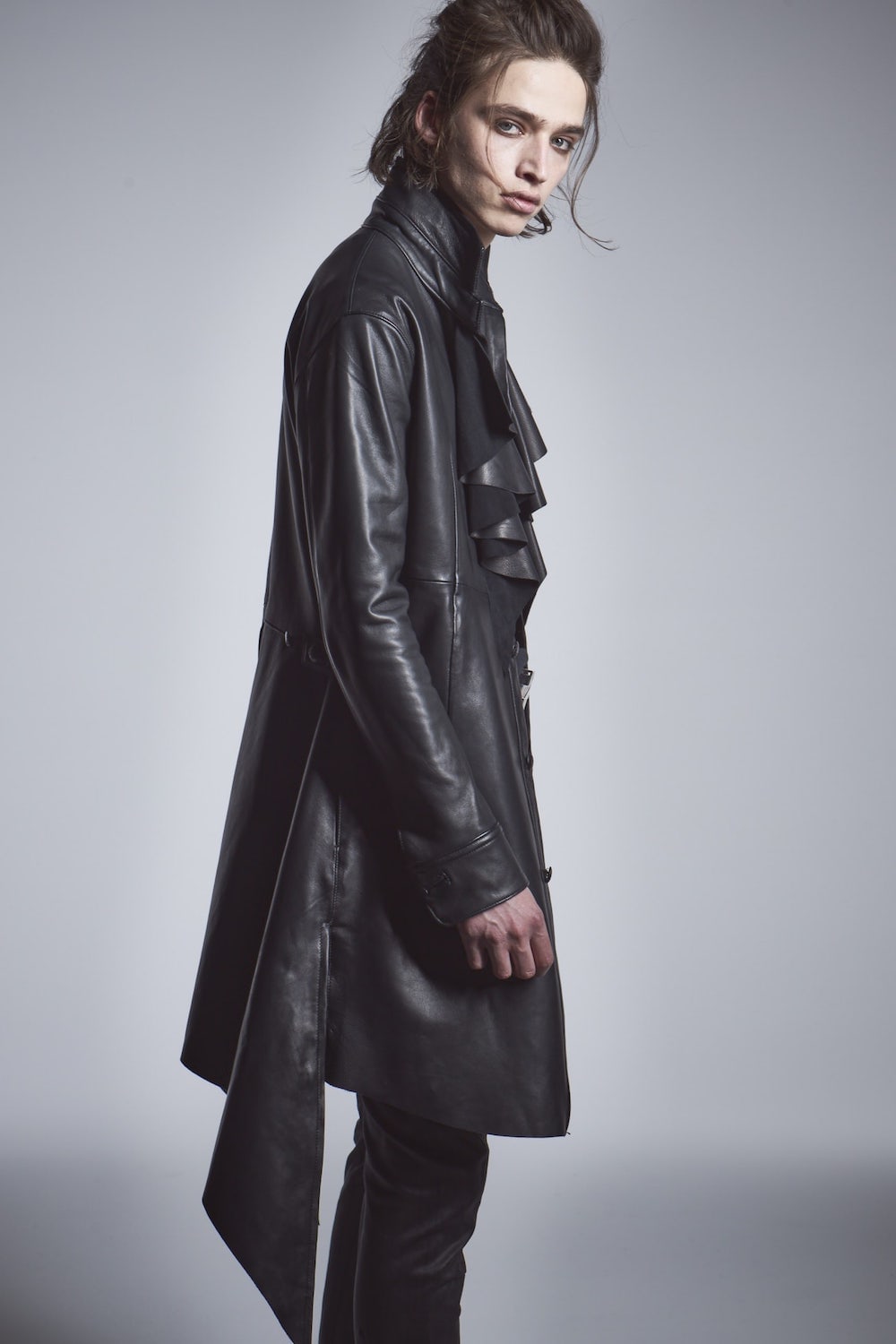 Frill Leather Long Shirts Black