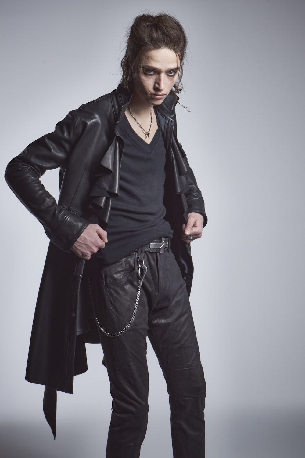 Frill Leather Long Shirts Black