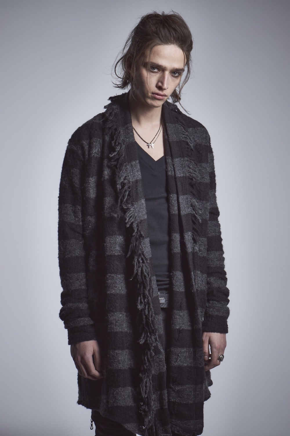 フリンジ ショールカーディガン ブラック × グレー
