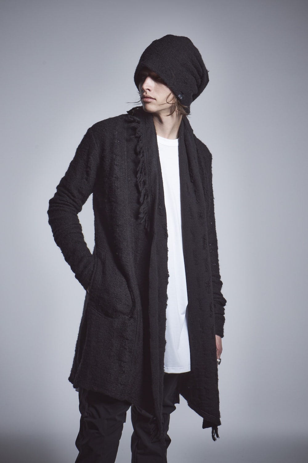 フリンジショールカーディガン ブラック×ブラック