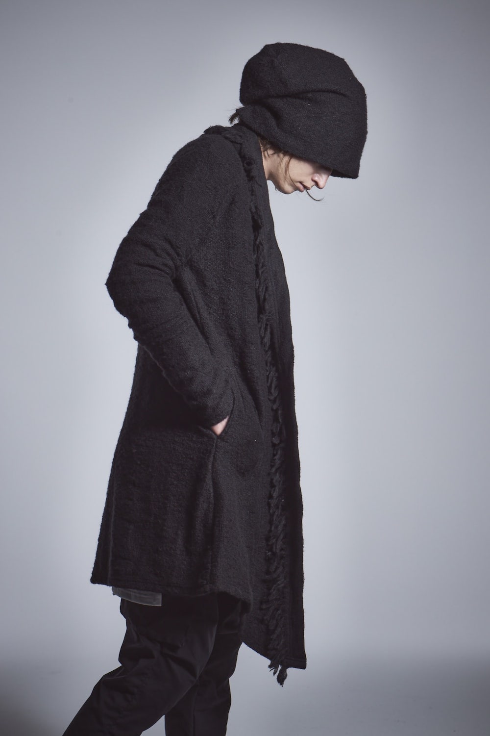 フリンジショールカーディガン ブラック×ブラック