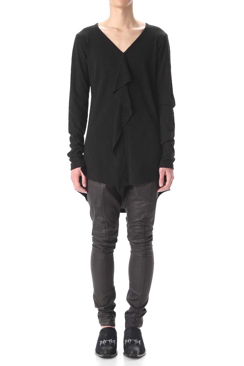 フリル Vネック Tシャツ ブラック