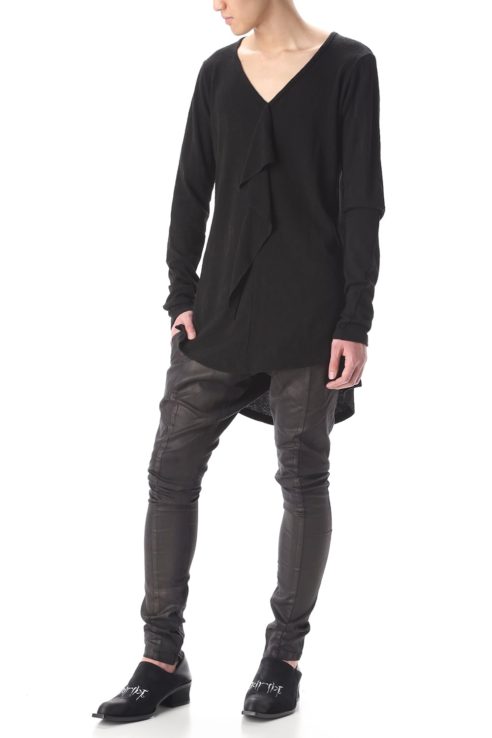 フリル Vネック Tシャツ ブラック