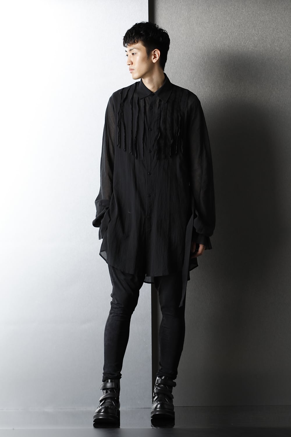 Shirring Sleeve Long Shirts Black