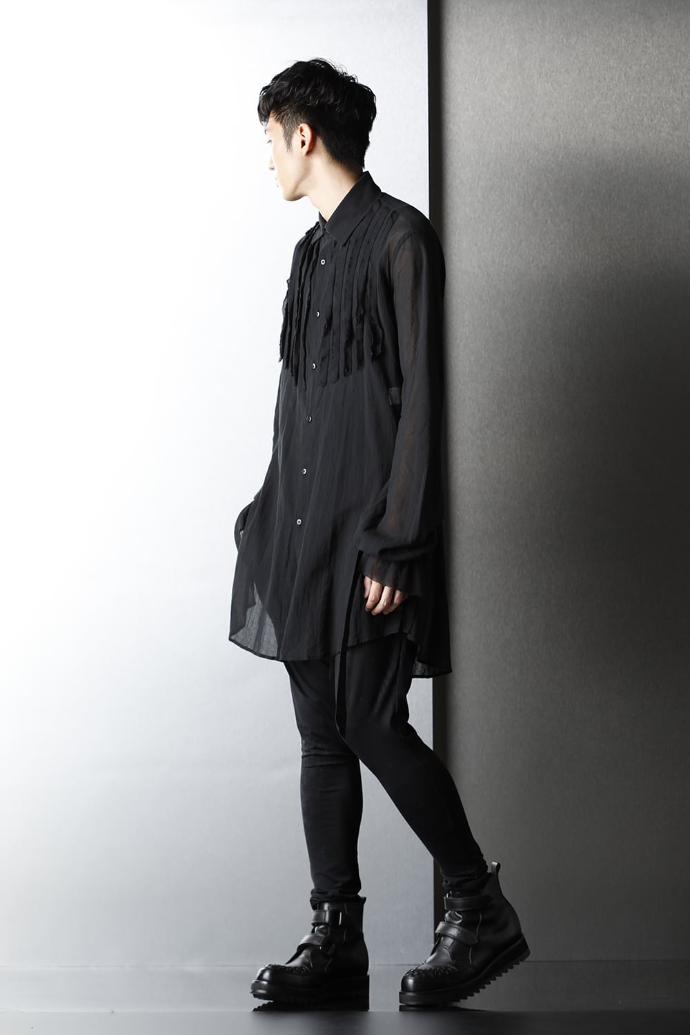 Shirring Sleeve Long Shirts Black