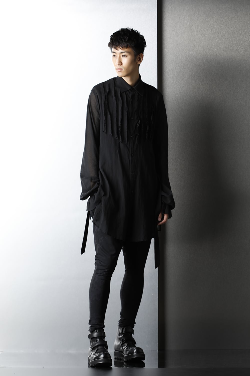 Shirring Sleeve Long Shirts Black