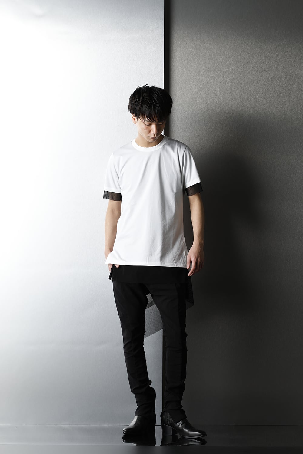 Layerd Asymme T-Shirts White×Black