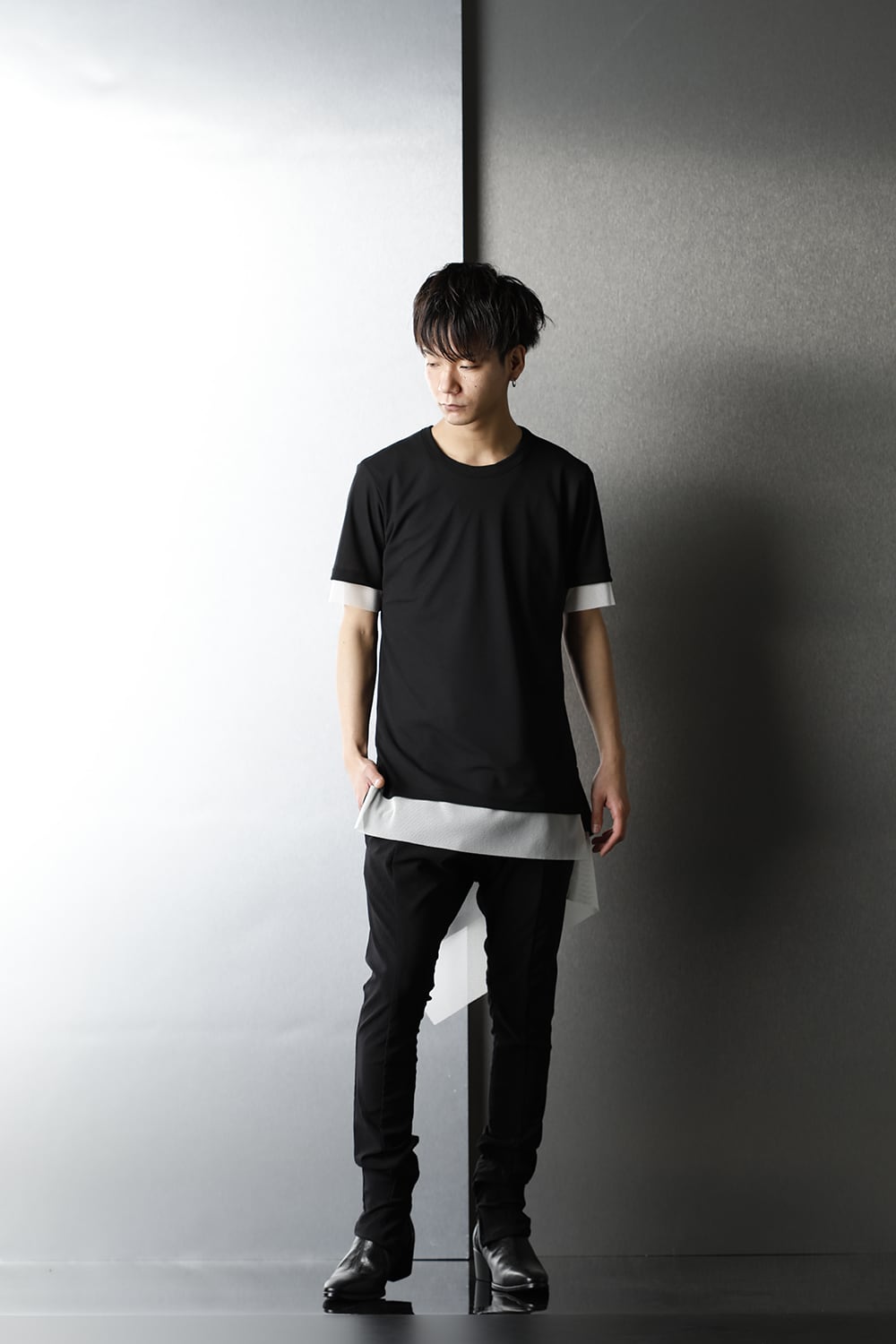 Layerd Asymme T-Shirts Black×White