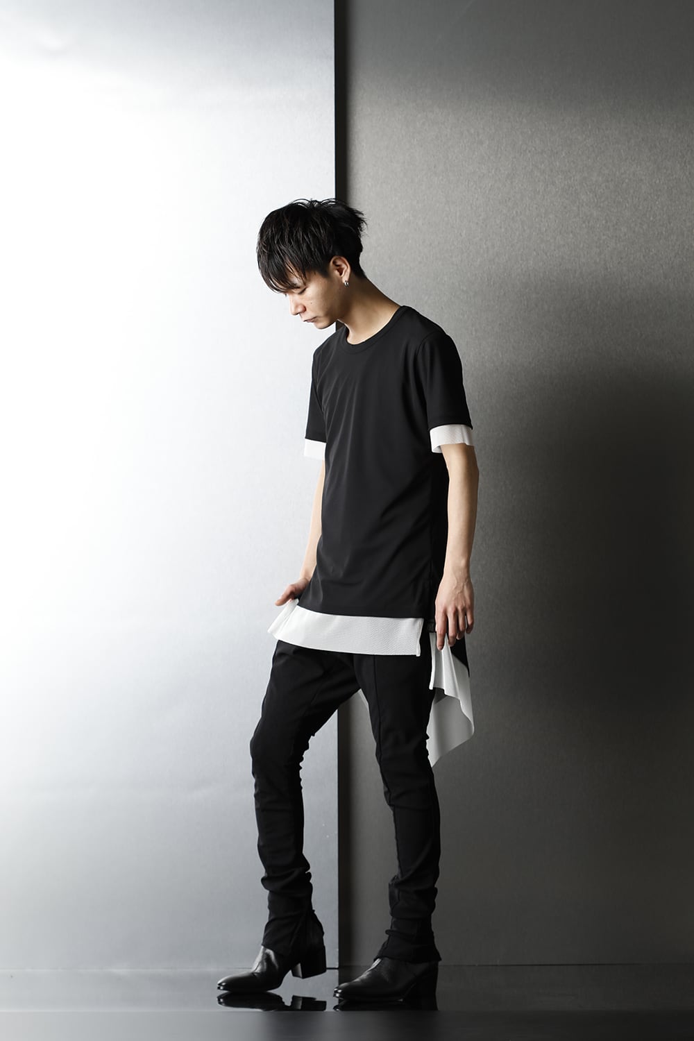 Layerd Asymme T-Shirts Black×White