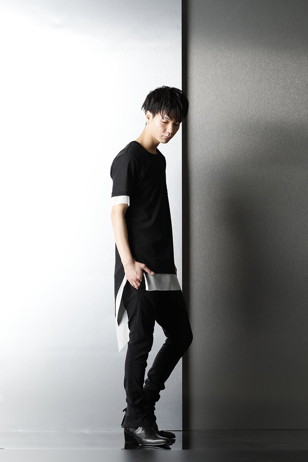 Layerd Asymme T-Shirts Black×White