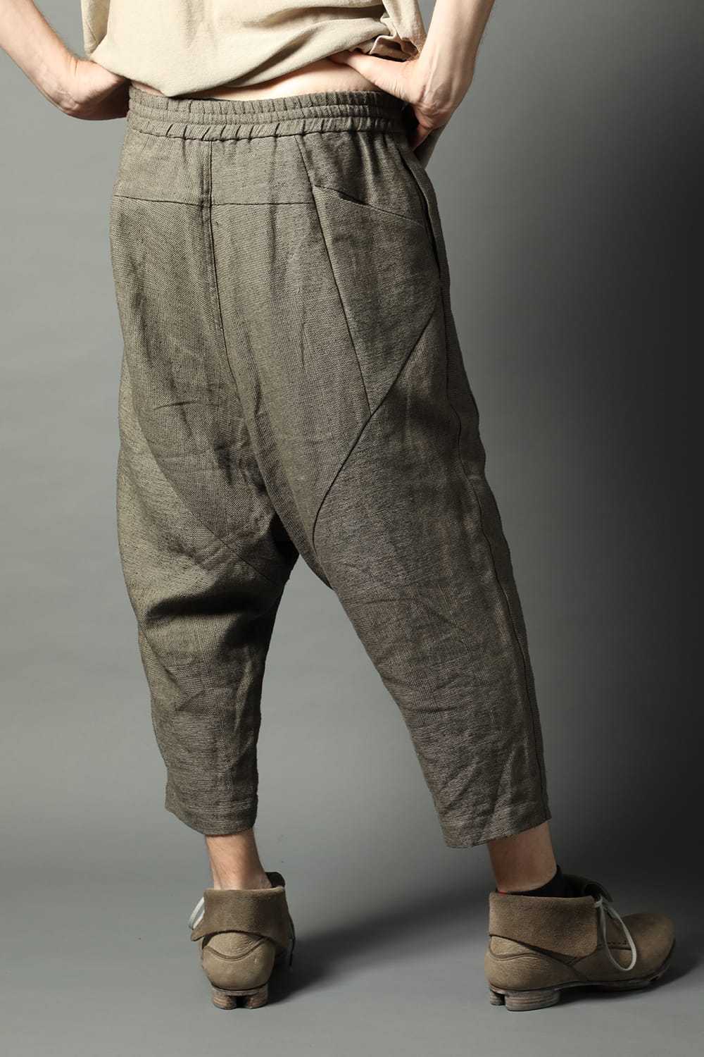 Dropcroch cropped pants silk linen crazy check  Beige Gray