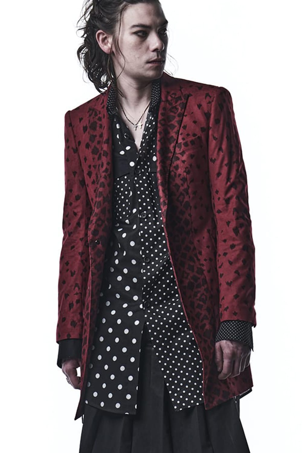 レオパード スエード ピークド ロングジャケット レッド