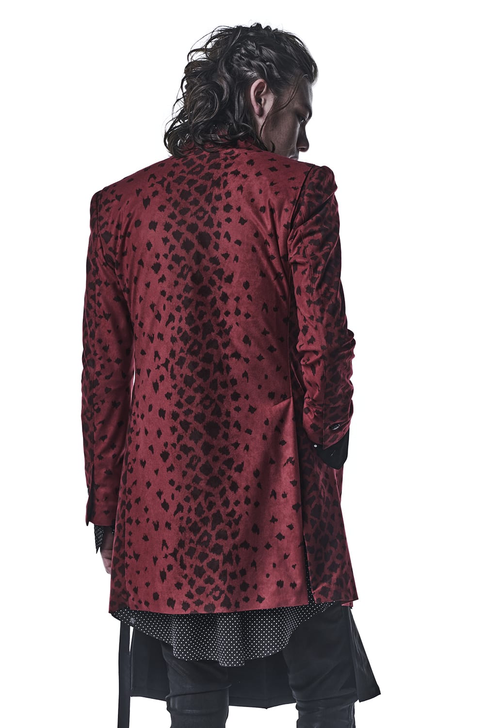 レオパード スエード ピークド ロングジャケット レッド