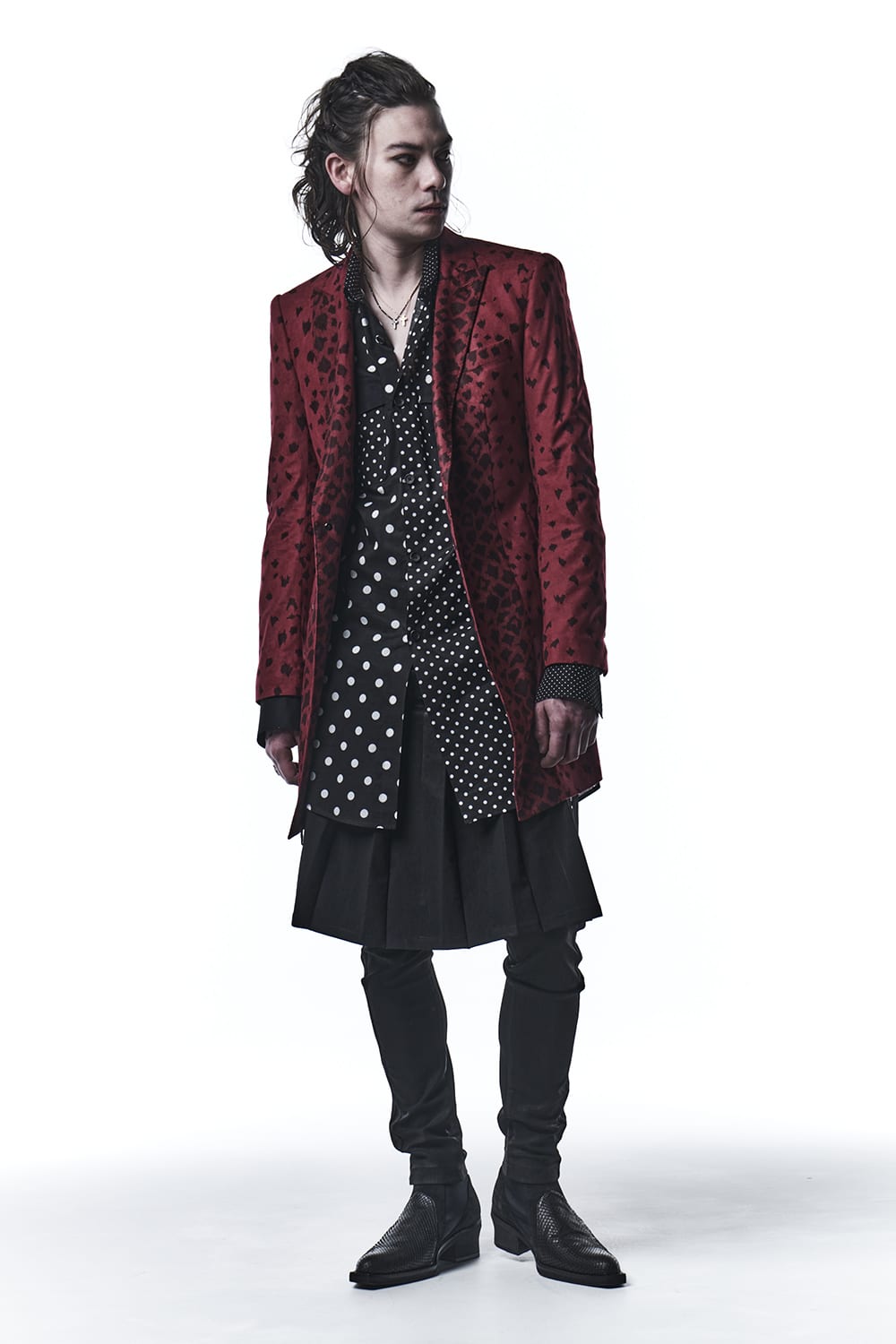 レオパード スエード ピークド ロングジャケット レッド