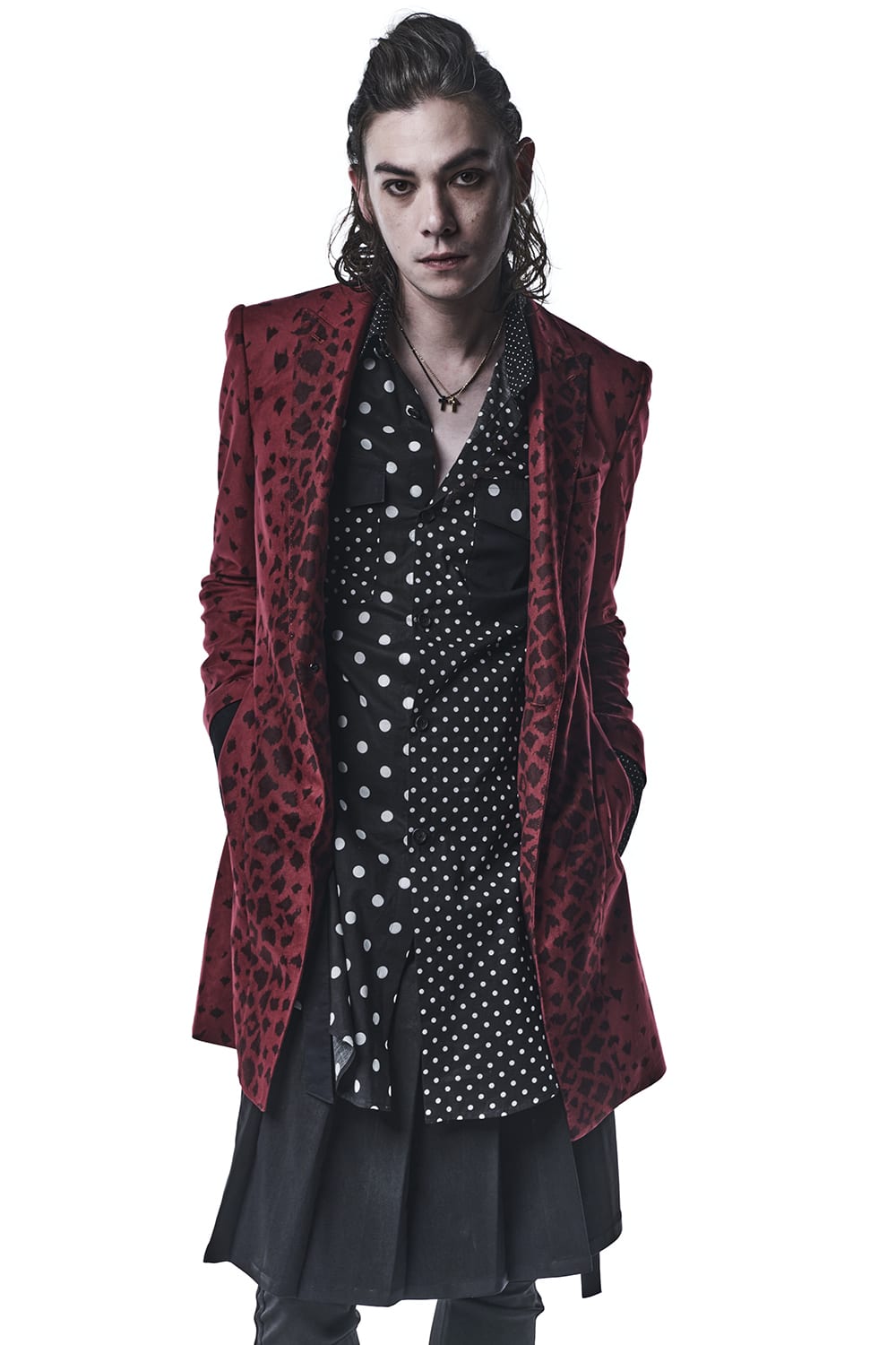 レオパード スエード ピークド ロングジャケット レッド