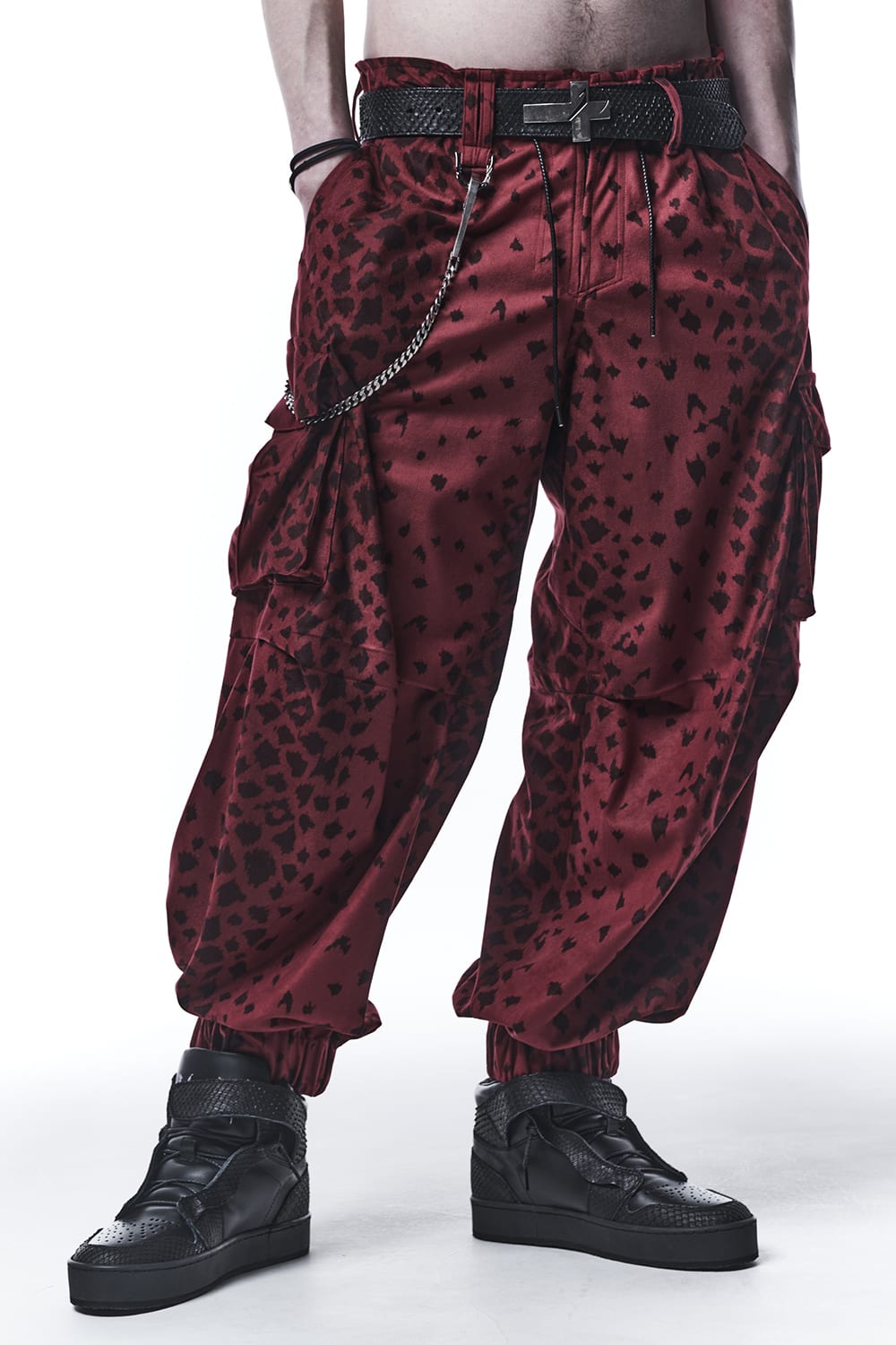 Leopard Suede Wide Cargo Pants Red