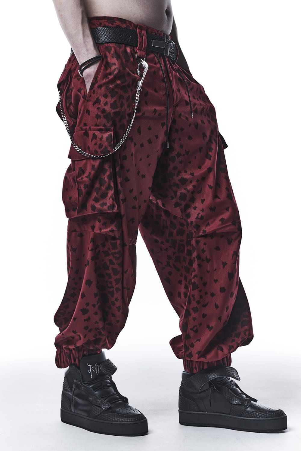 Leopard Suede Wide Cargo Pants Red