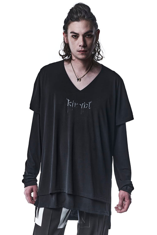 Layerd Long Sleeves V-Neck T-Shirts Black & Black