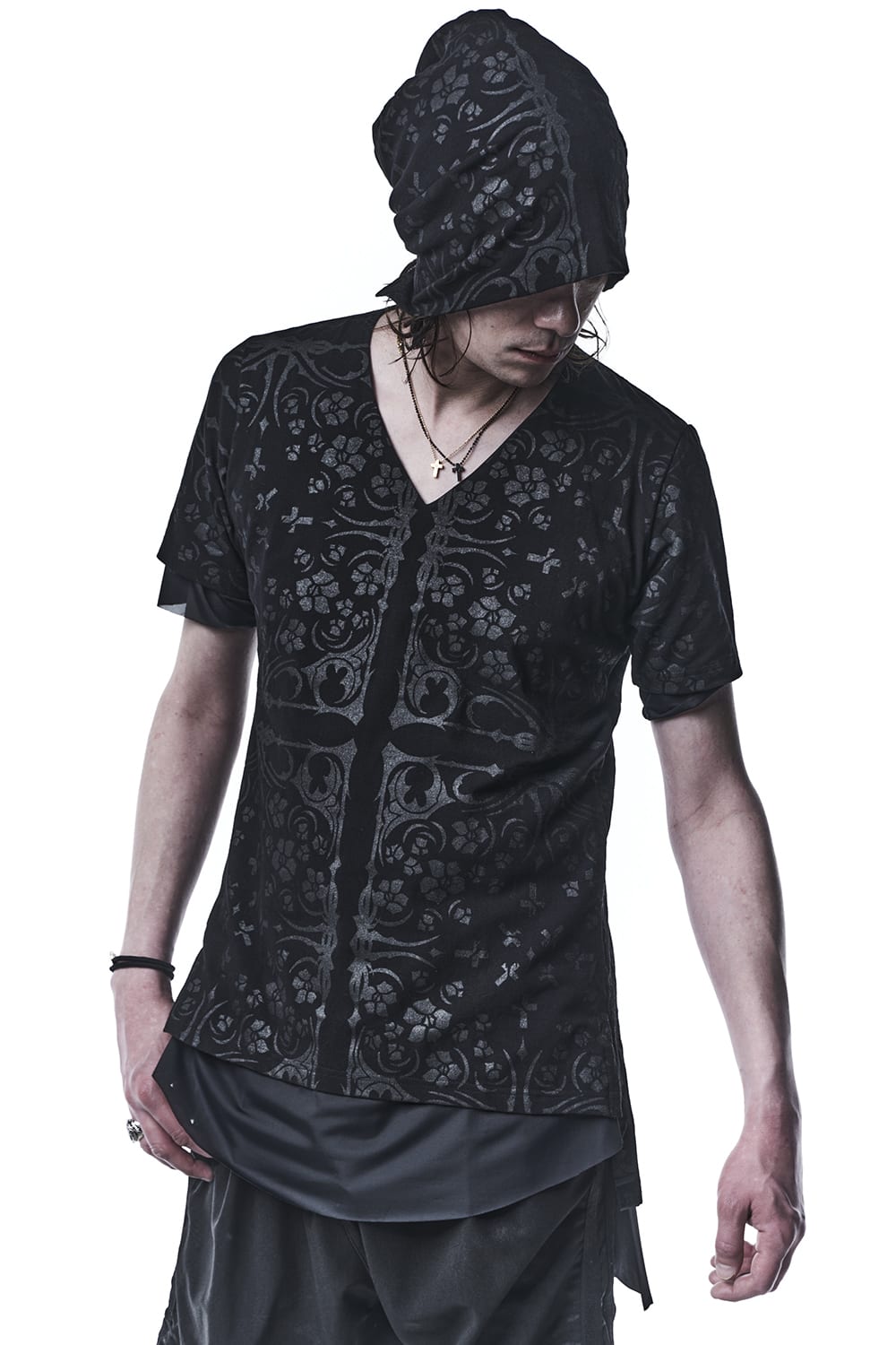 Bare jersey Bandana Layerd V-Neck T-shirts Black × Black