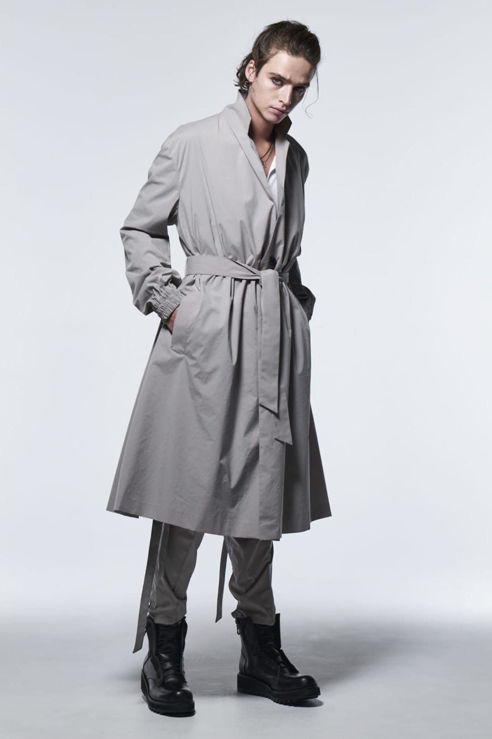 Stand Collar Drape Coat Gray Beige