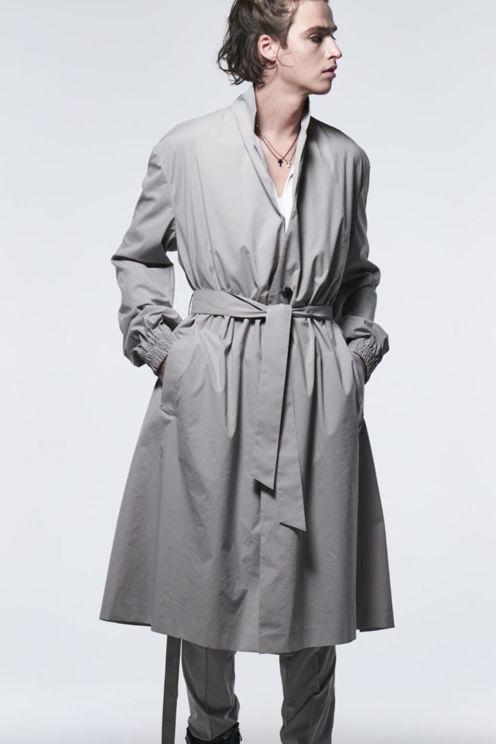 Stand Collar Drape Coat Gray Beige