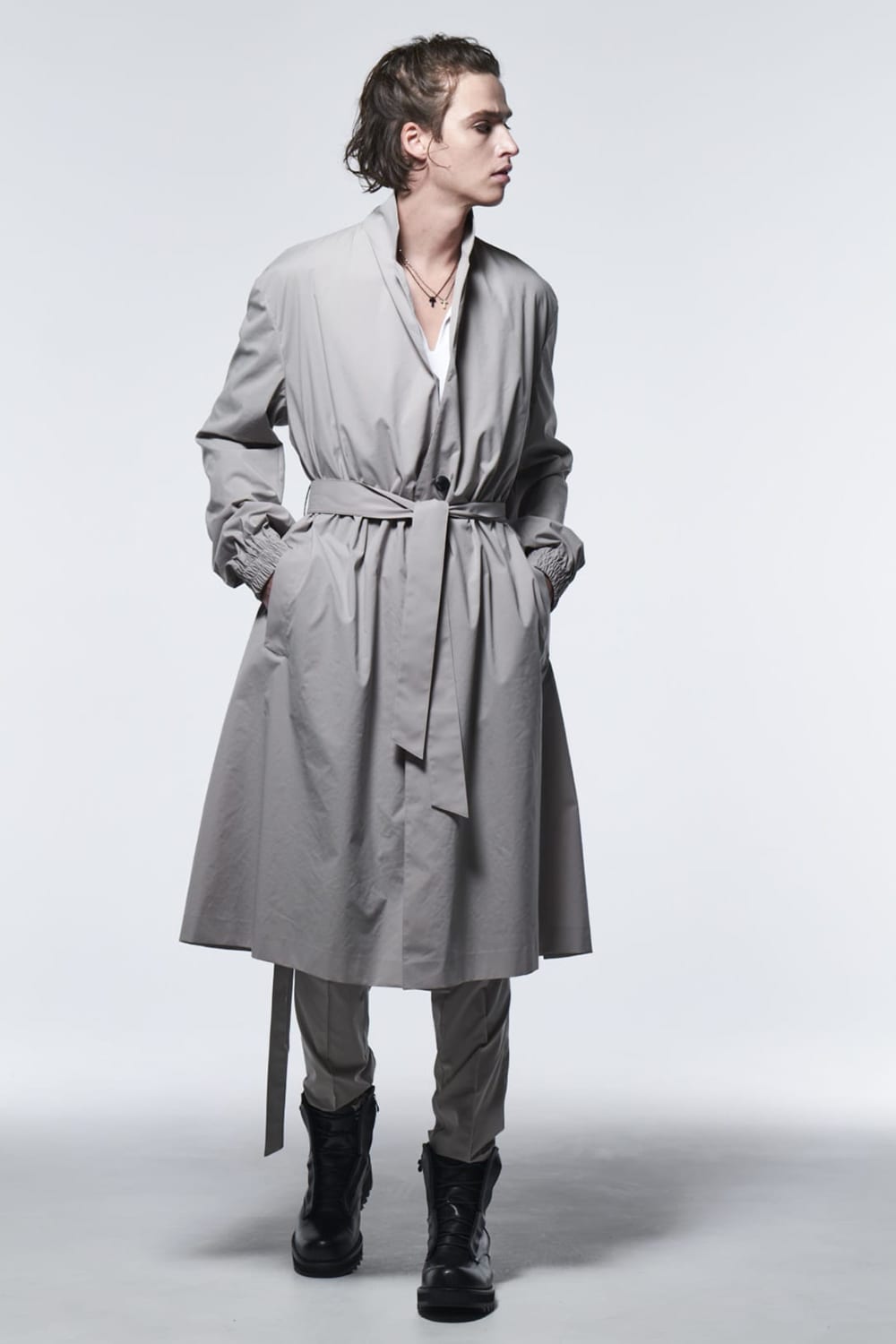 Stand Collar Drape Coat Gray Beige