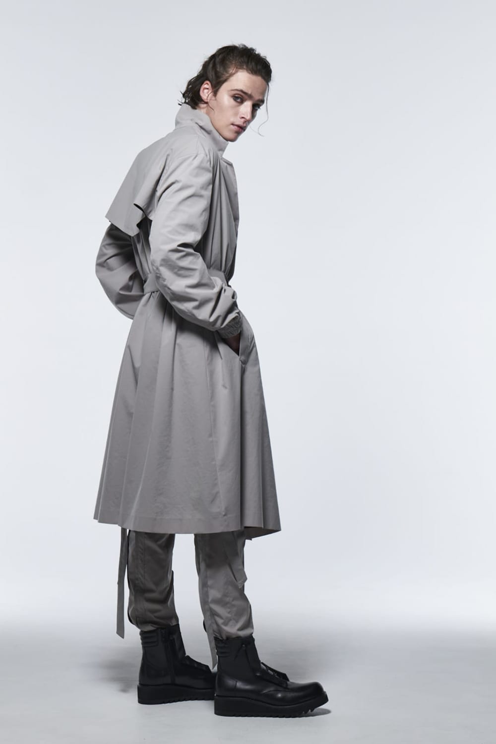 Stand Collar Drape Coat Gray Beige