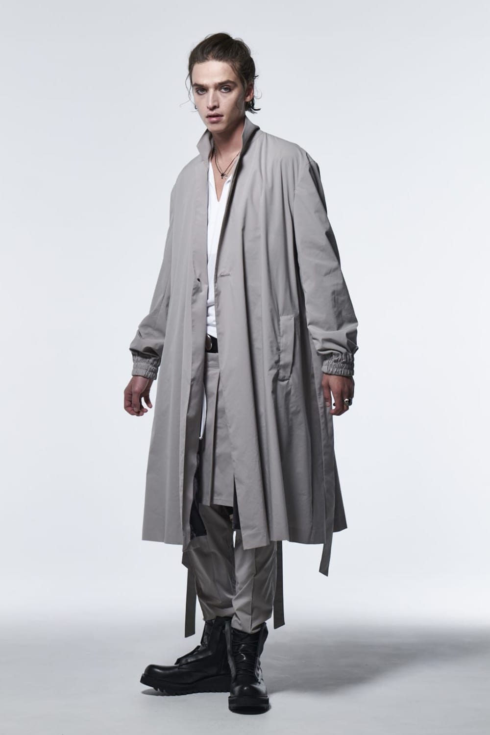 Stand Collar Drape Coat Gray Beige