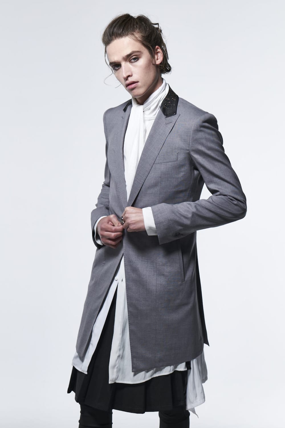 Nail Studs Collar Long Jacket Light Gray