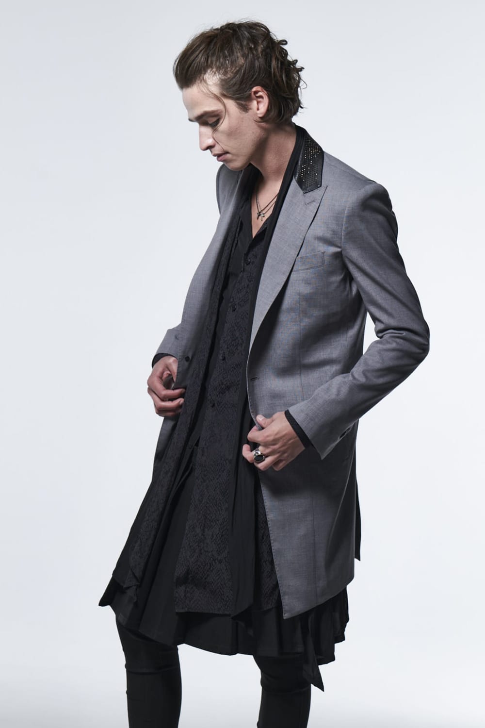 Nail Studs Collar Long Jacket Light Gray