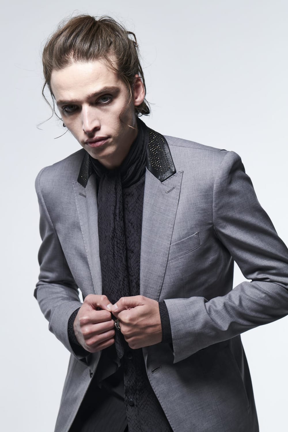 Nail Studs Collar Long Jacket Light Gray