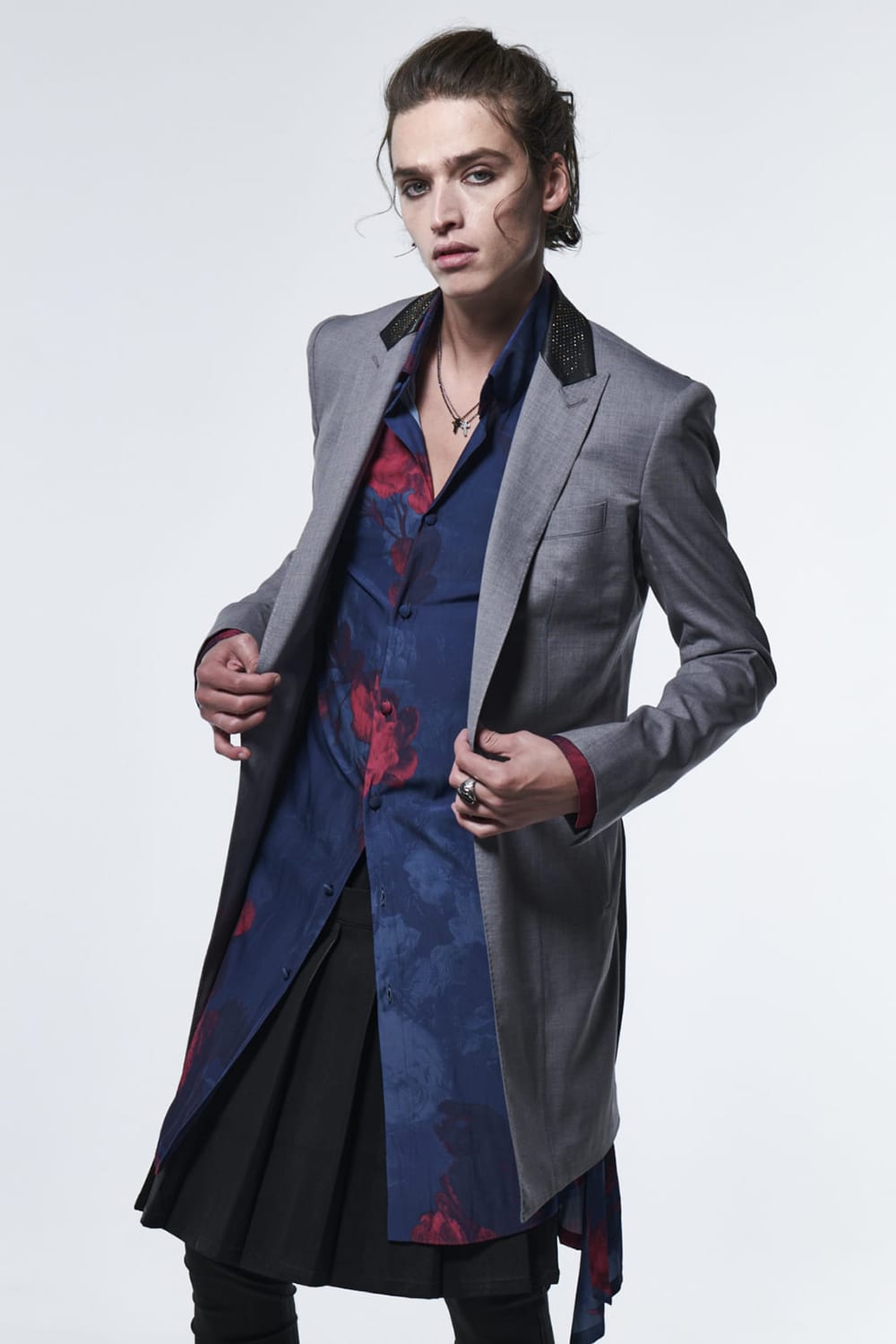 Nail Studs Collar Long Jacket Light Gray