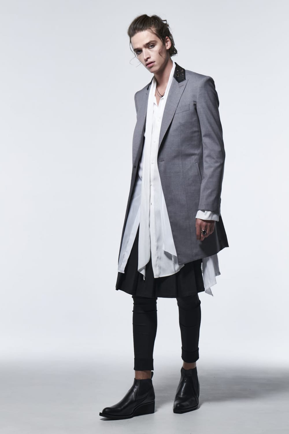 Nail Studs Collar Long Jacket Light Gray