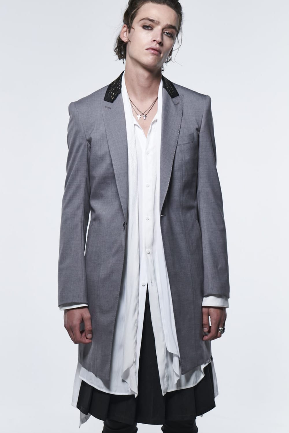 Nail Studs Collar Long Jacket Light Gray