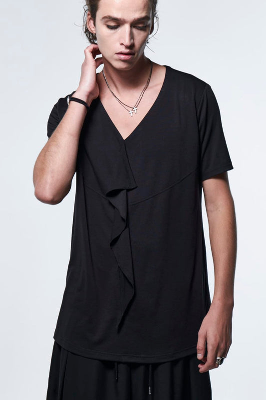 Frill V-Neck T-Shirt Black