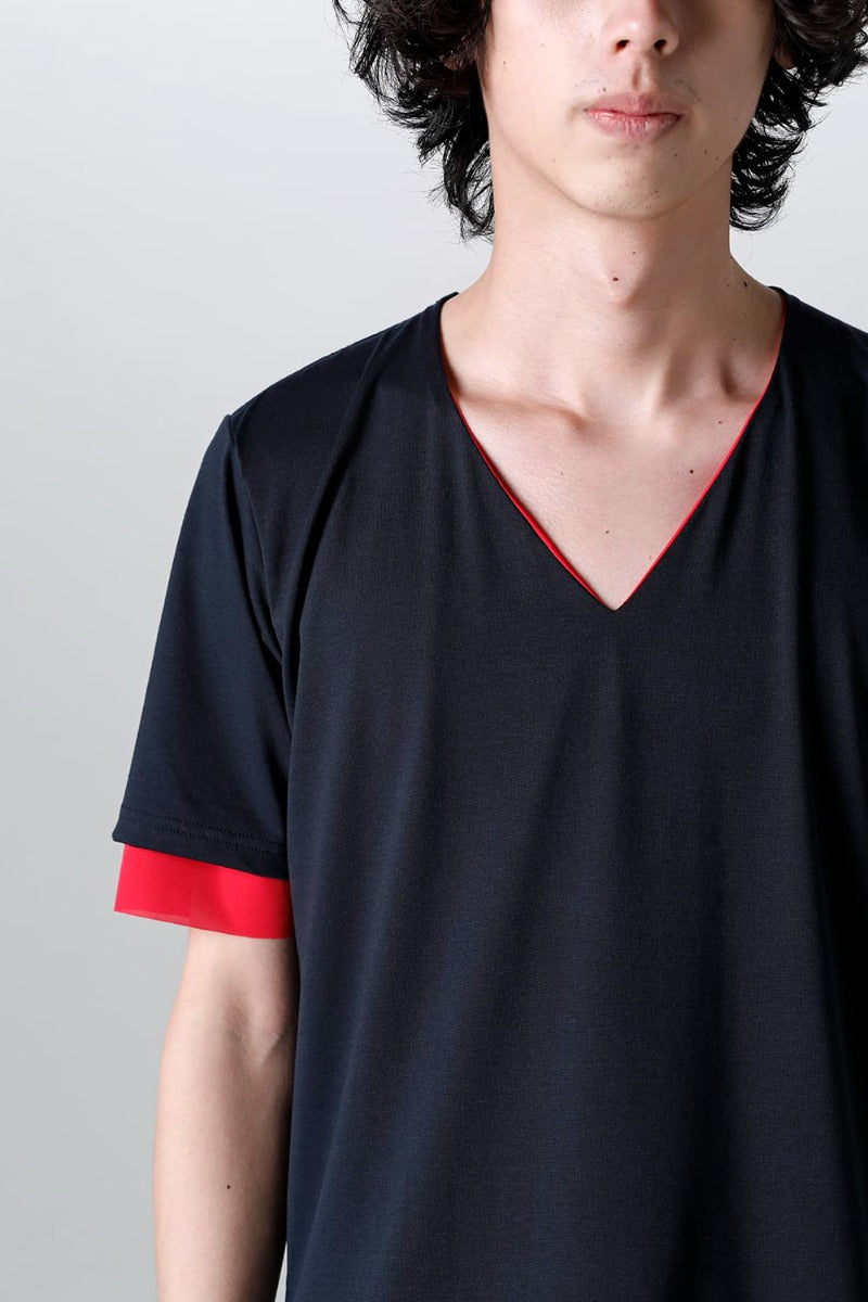 V-neck layered T-shirts Navy & Pink